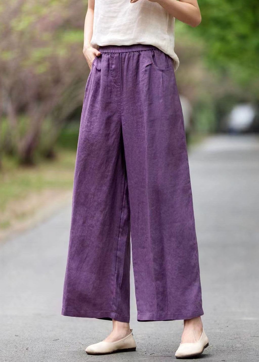 Pockets Linen Summer Pants Straight Art Oversized Purple