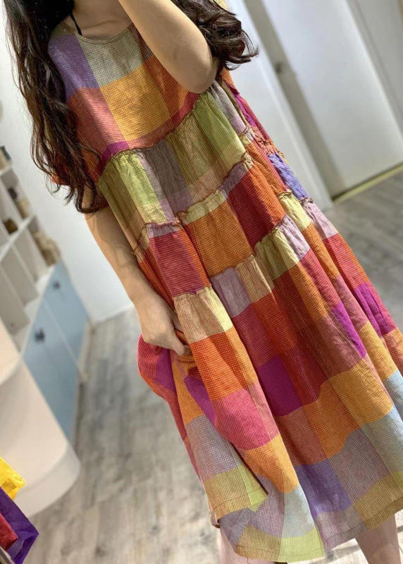 Summer Art Regenbogen-Leinenkleid mit Rüschen