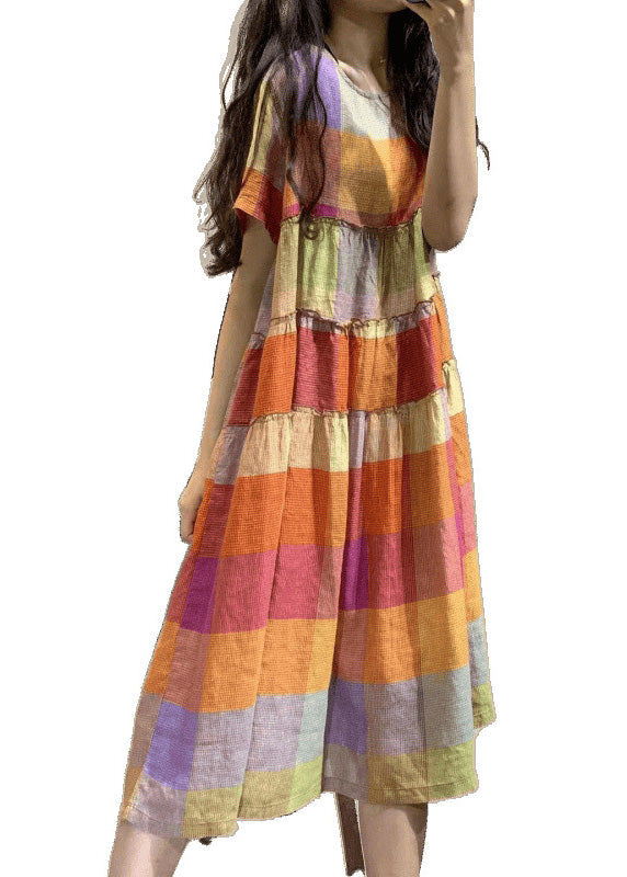 Summer Art Regenbogen-Leinenkleid mit Rüschen
