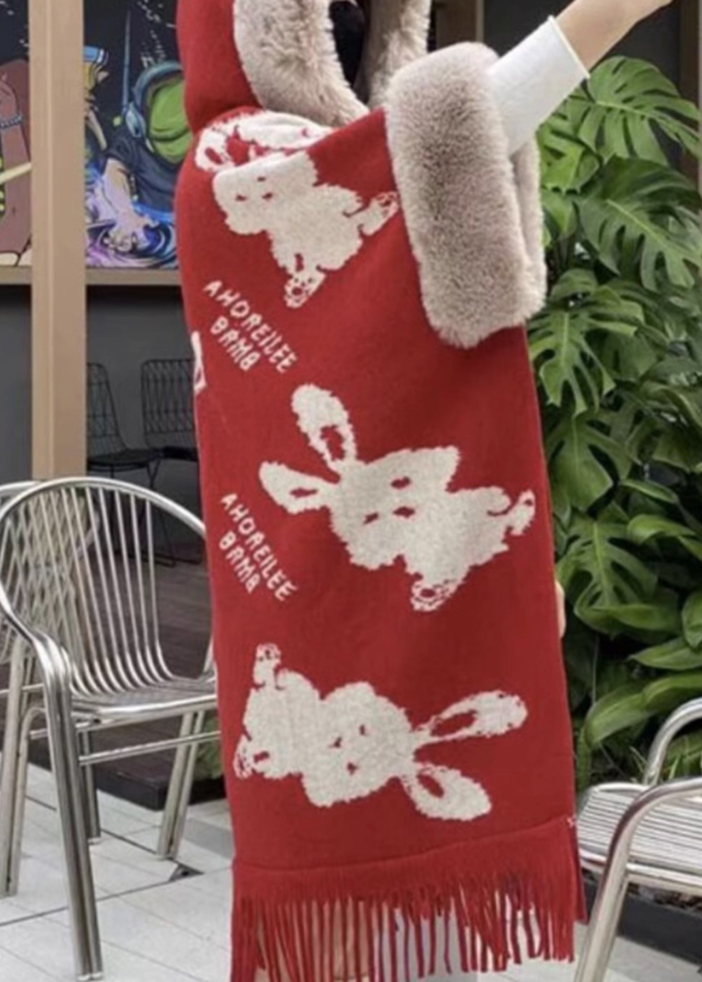 Art Red Hooded Print Patchwork Warm Fleece Cape Coats Spring YW005