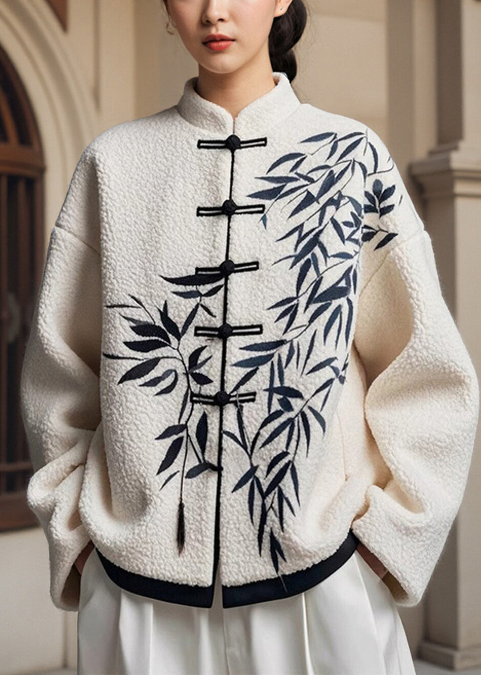 Art White Chinese Button Bamboo Print Faux Fur Jackets Winter