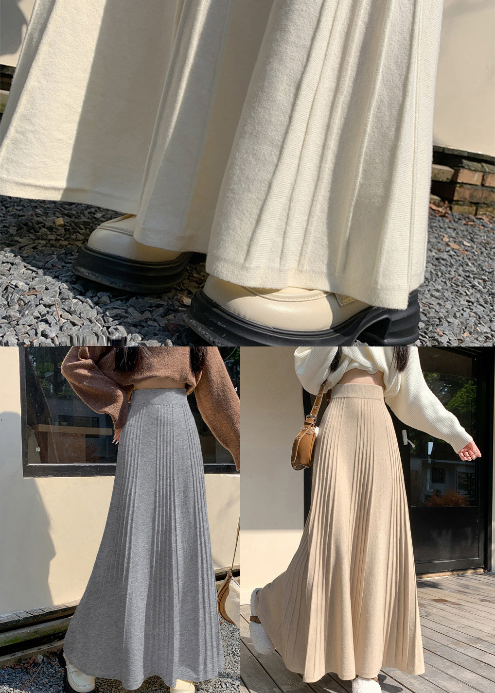 Art White High Waist Wrinkled Knit Holiday Skirts Spring YP041