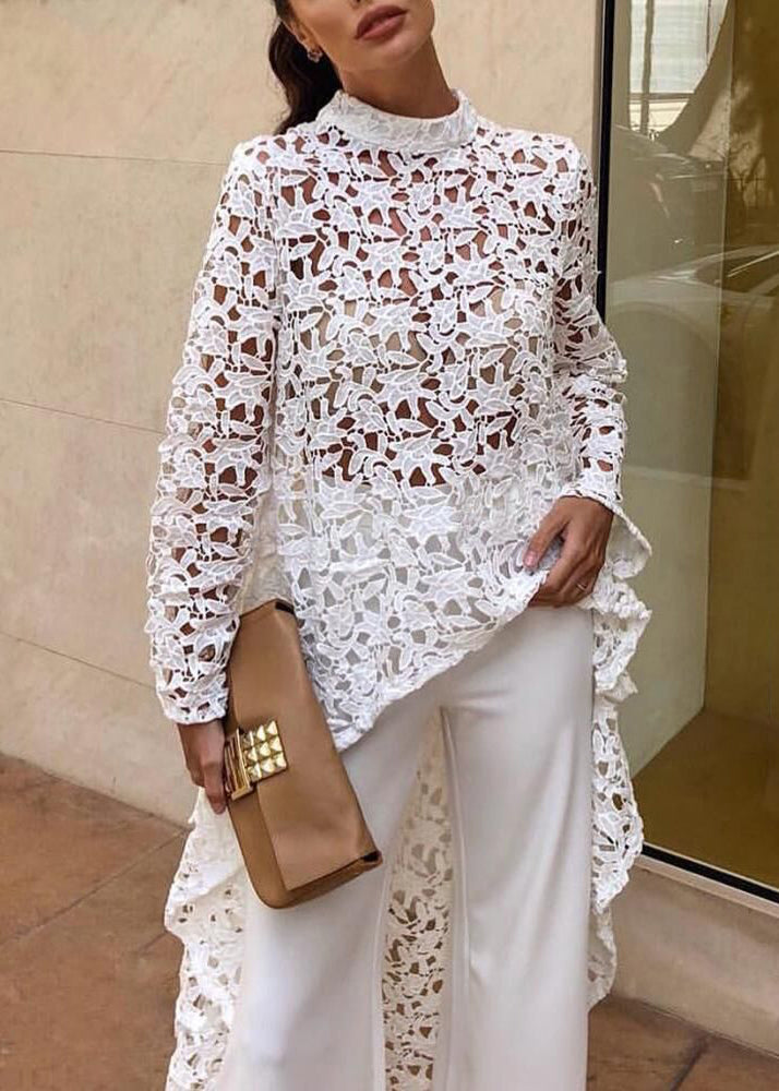 Haut en dentelle ajourée à motif bas et haut blanc, printemps TL019