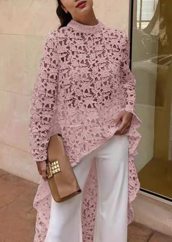 Haut en dentelle ajourée à motif bas et haut blanc, printemps TL019