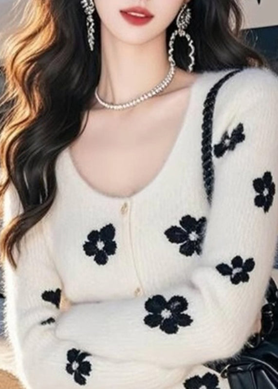 Cardigan en tricot de coton imprimé à col rond blanc Art Printemps TO032
