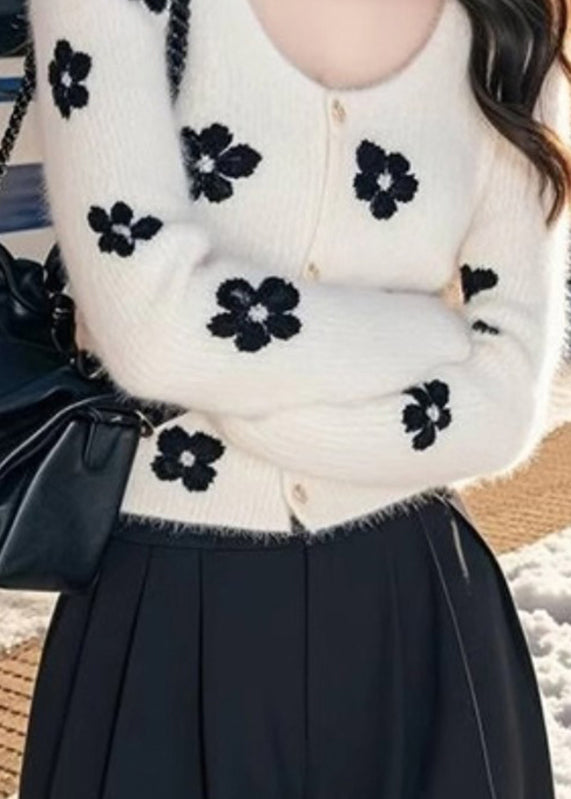 Cardigan en tricot de coton imprimé à col rond blanc Art Printemps TO032