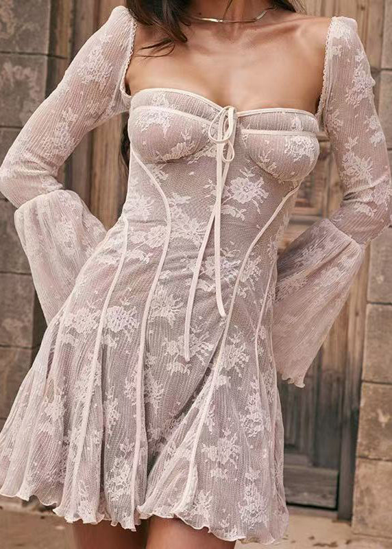 Art Weiß Quadrat Kragen Patchwork Spitze Midi Kleid Flare Ärmel YZ038