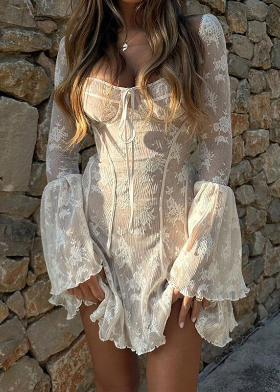 Art Weiß Quadrat Kragen Patchwork Spitze Midi Kleid Flare Ärmel YZ038