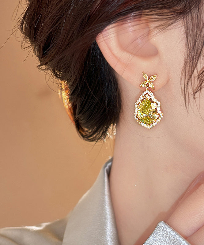 Drop Crystal Earrings Clover Leaf Copper Four Art Yellow Overgild