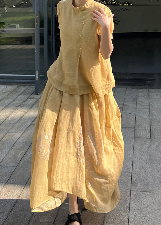 Ensemble deux pièces jupes et hauts en dentelle jaune patchwork et été