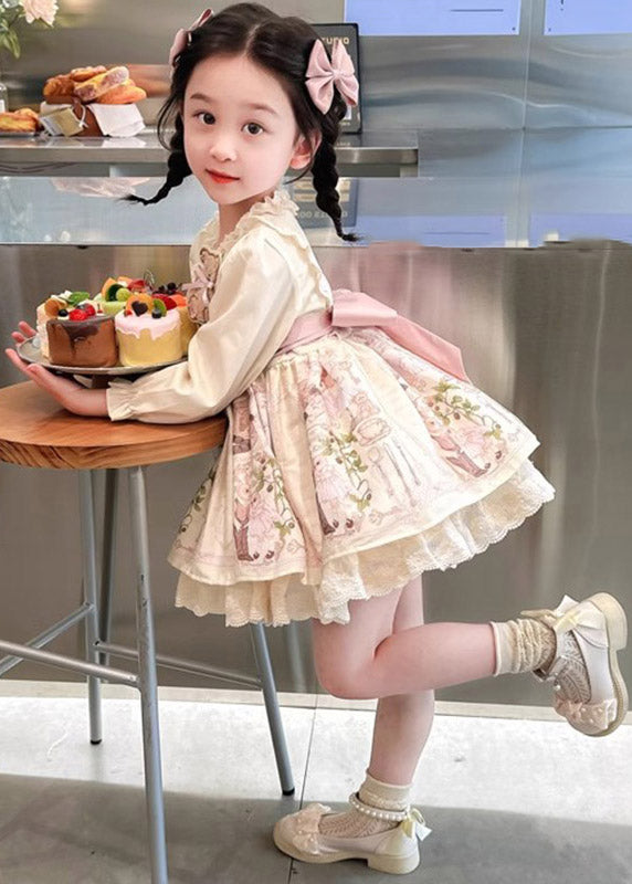 Beautiful Apricot Print Ruffled Girls Vacation Mid Dresses Spring YE024
