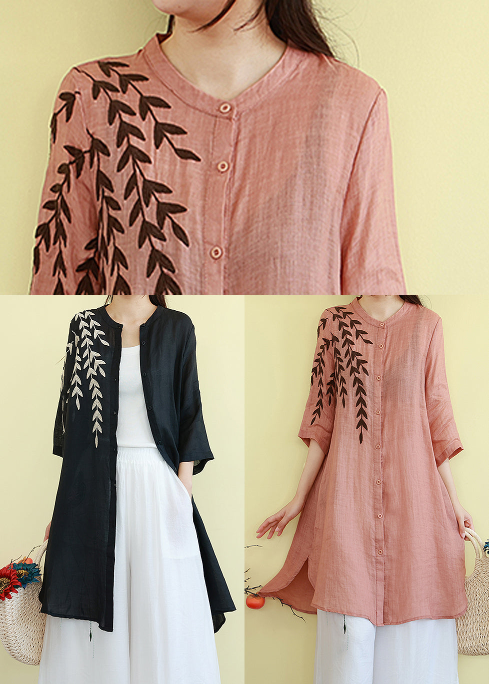 Schöne schwarze bestickte Leinenhemdkleider Sommer TM003