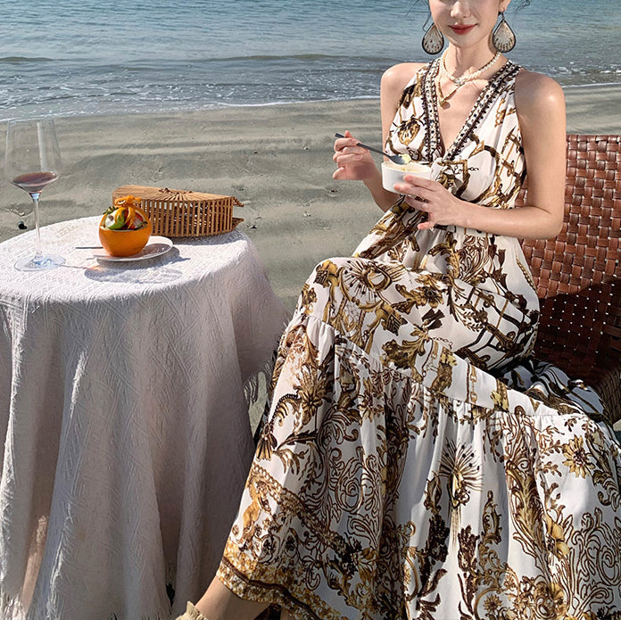 Robe d'été imprimée marron pour la plage, belle mousseline