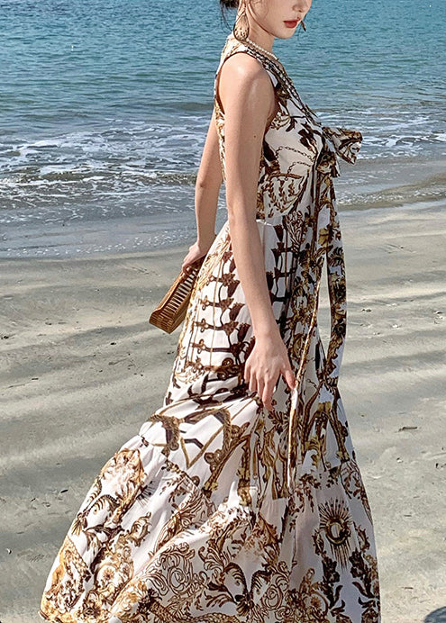 Robe d'été imprimée marron pour la plage, belle mousseline