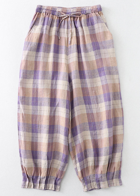 Übergroße Leinen Schöne Haremshose Plaid Colorblock Sommer