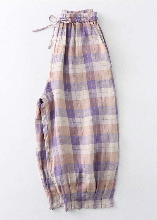 Übergroße Leinen Schöne Haremshose Plaid Colorblock Sommer
