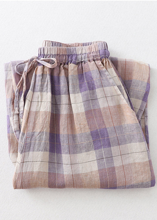 Übergroße Leinen Schöne Haremshose Plaid Colorblock Sommer