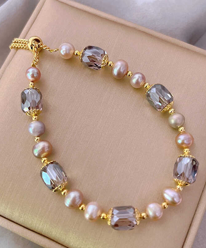 Wunderschönes Charm-Armband aus vergoldetem Sterlingsilber mit Perlen und Kristallquasten. Feine Halskette aus Sterlingsilber mit gebrochenem Silber und Schleierkraut ET004