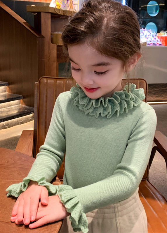 Magnifique pull patchwork vert en coton pour fille, manches pétales, TP041