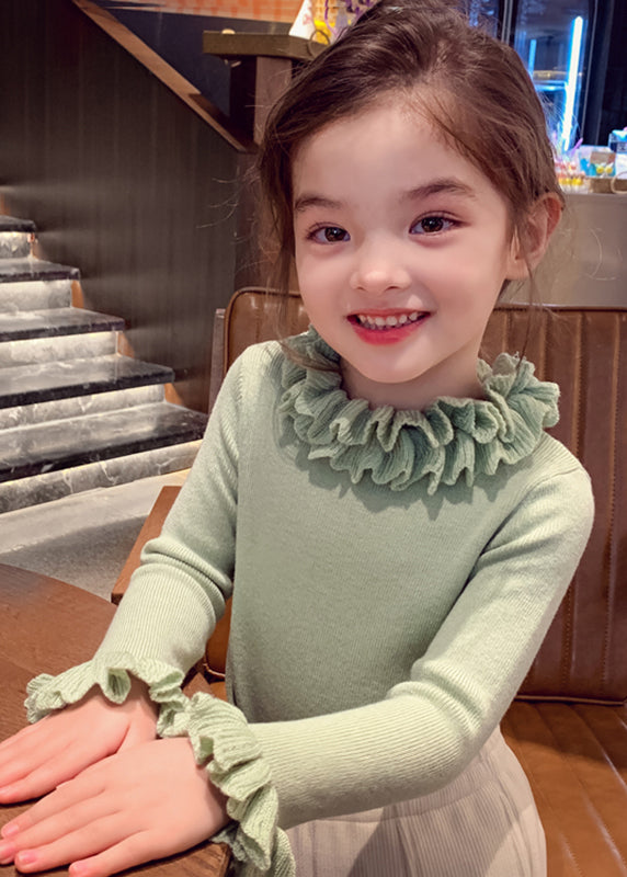 Magnifique pull patchwork vert en coton pour fille, manches pétales, TP041