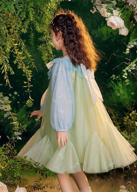 Beautiful Green Sequins Tulle Kids Long Dresses Puff Sleeve TV031