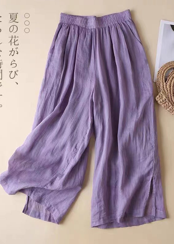 Pantalon élastique magnifique taille ouverte lavande droit lin côté