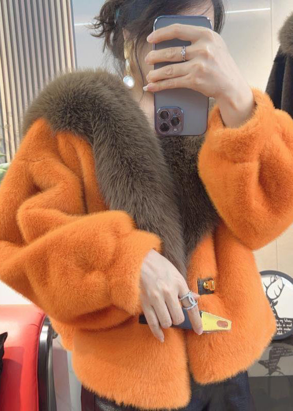 Schöne Orange Pelzkragen Leder und Pelzmäntel Winter TY017