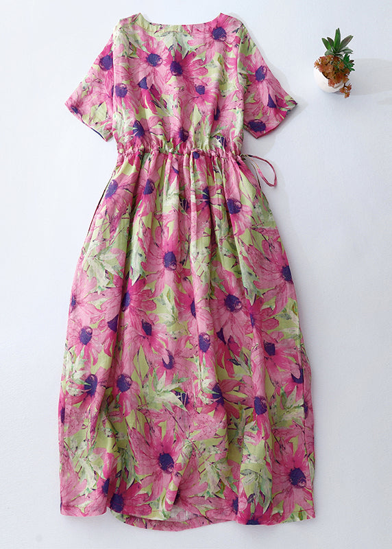 Schöne Sommerferien Print Cinched Kleider Rosa Leinen