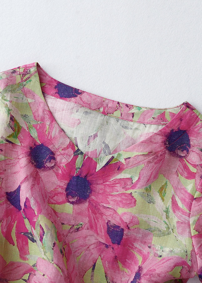 Schöne Sommerferien Print Cinched Kleider Rosa Leinen