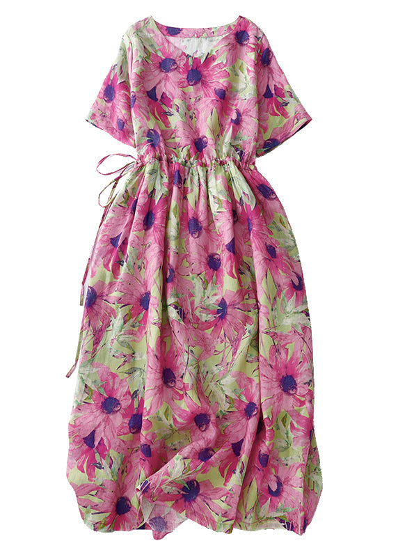 Schöne Sommerferien Print Cinched Kleider Rosa Leinen