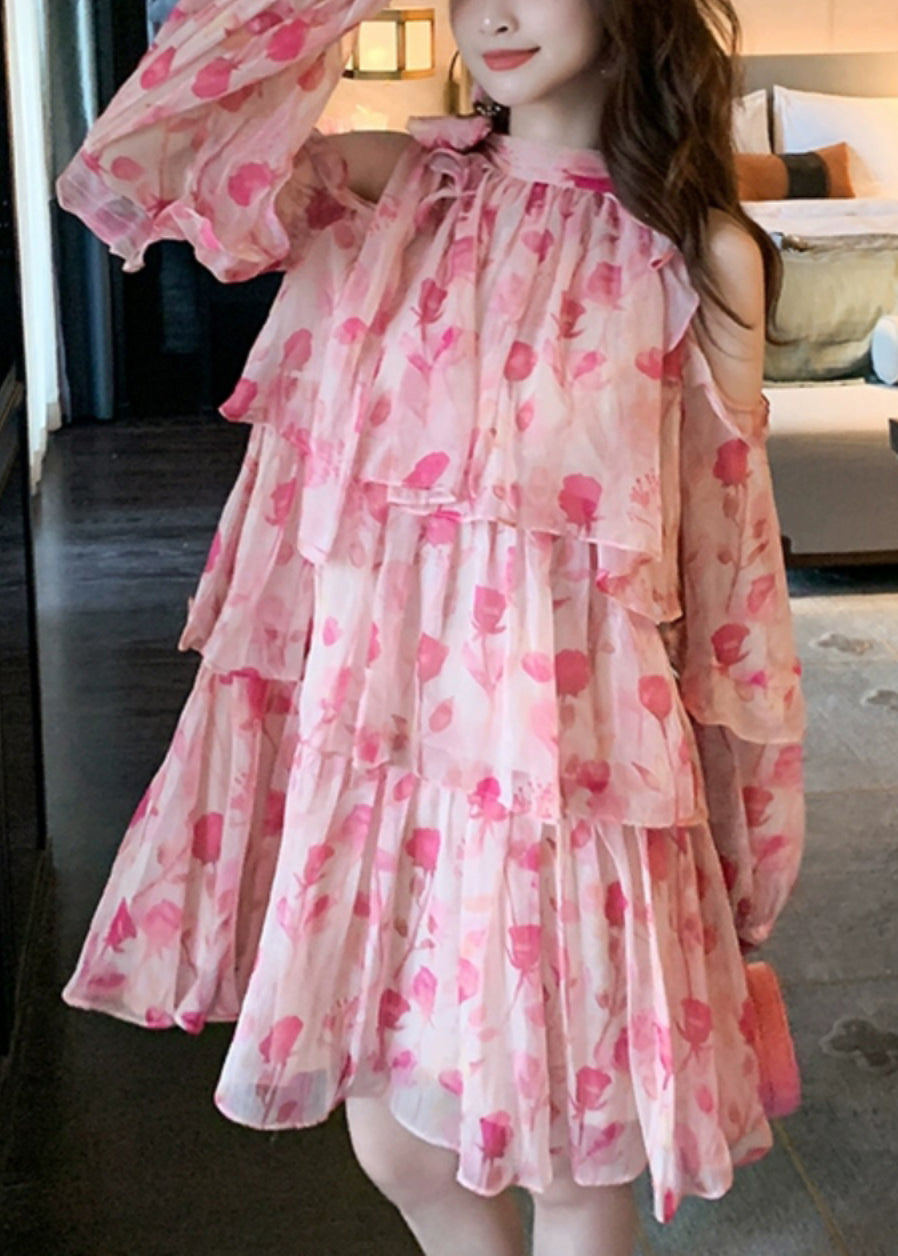 Chiffon Schöne Kalt Mid Kleid Rosa Druck Sommer Schulter