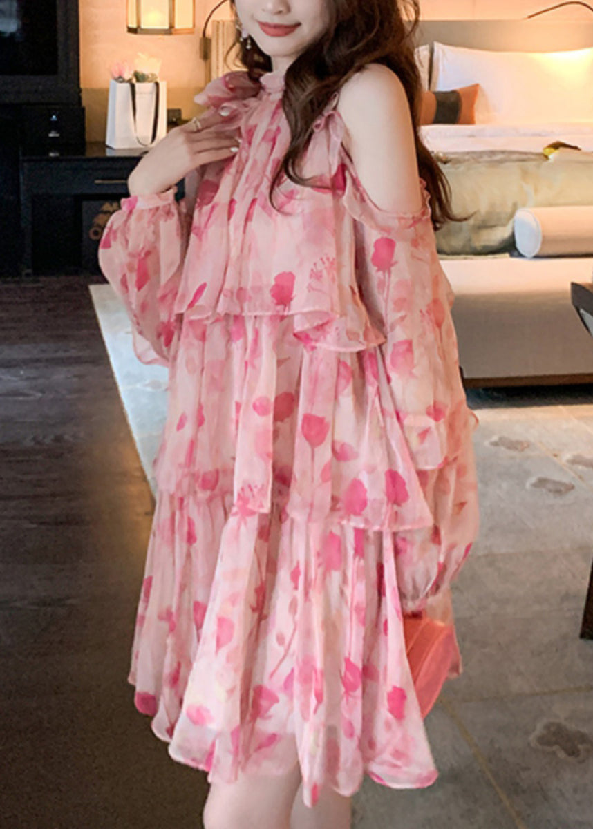 Chiffon Schöne Kalt Mid Kleid Rosa Druck Sommer Schulter
