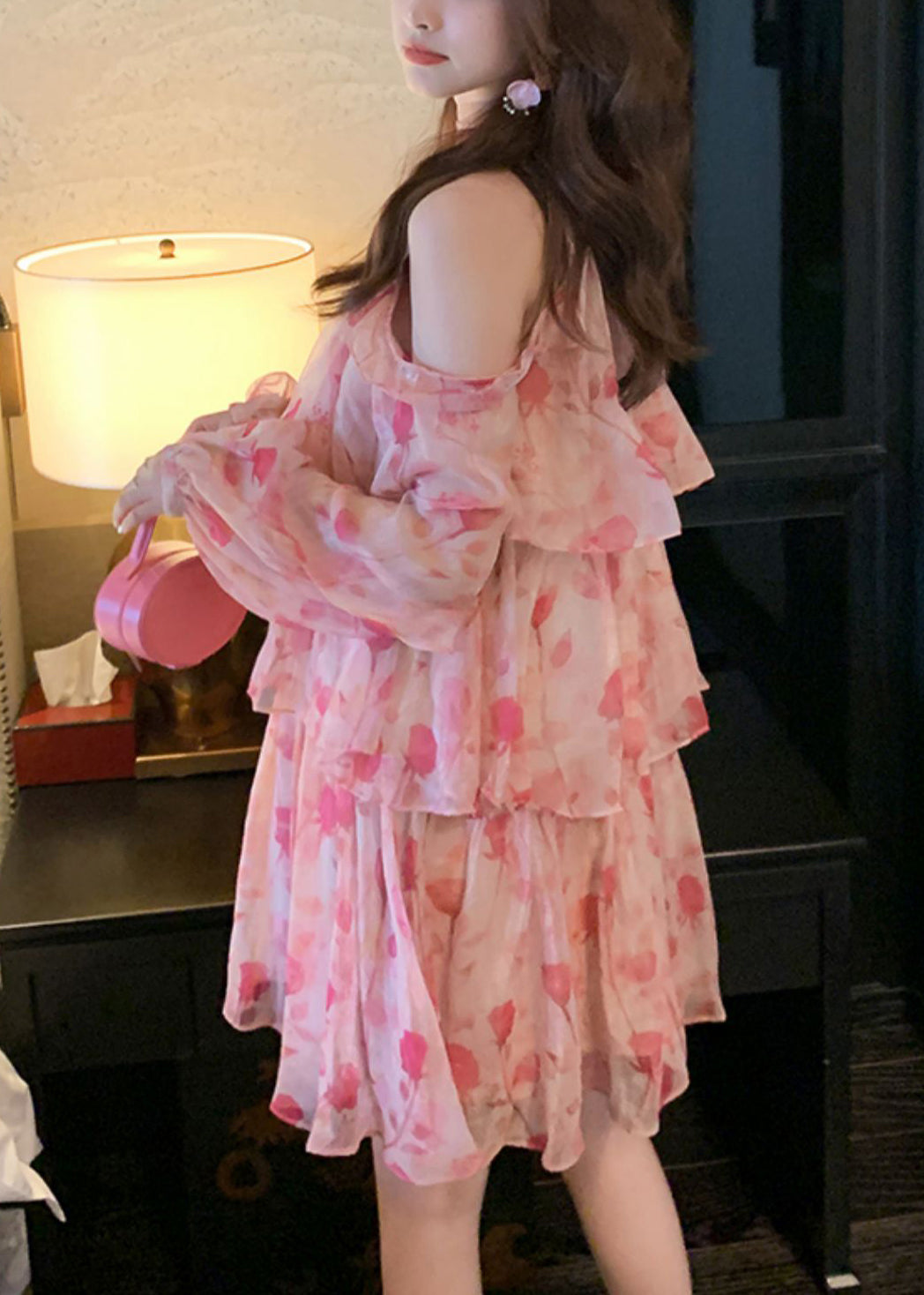 Chiffon Schöne Kalt Mid Kleid Rosa Druck Sommer Schulter
