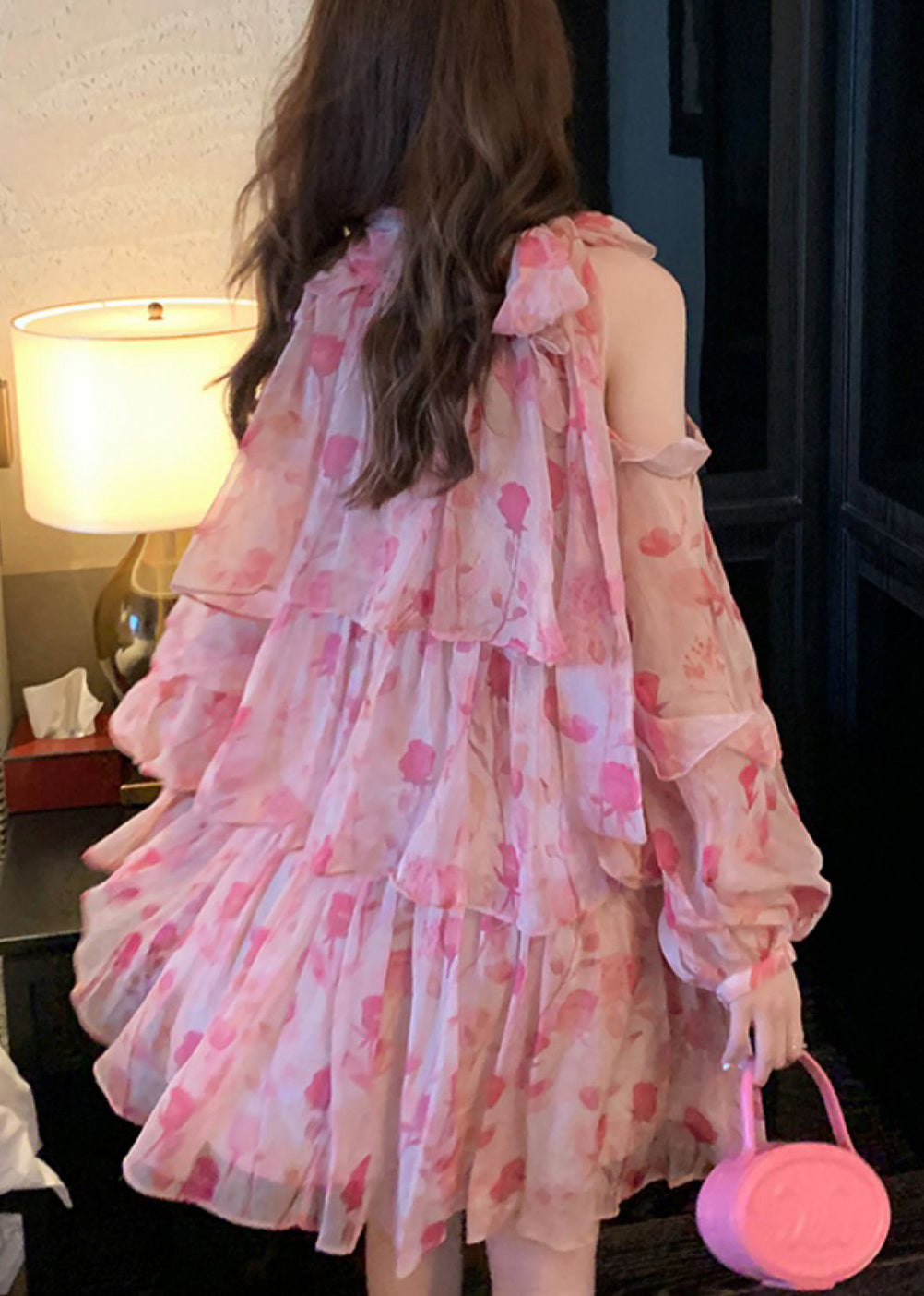 Chiffon Schöne Kalt Mid Kleid Rosa Druck Sommer Schulter
