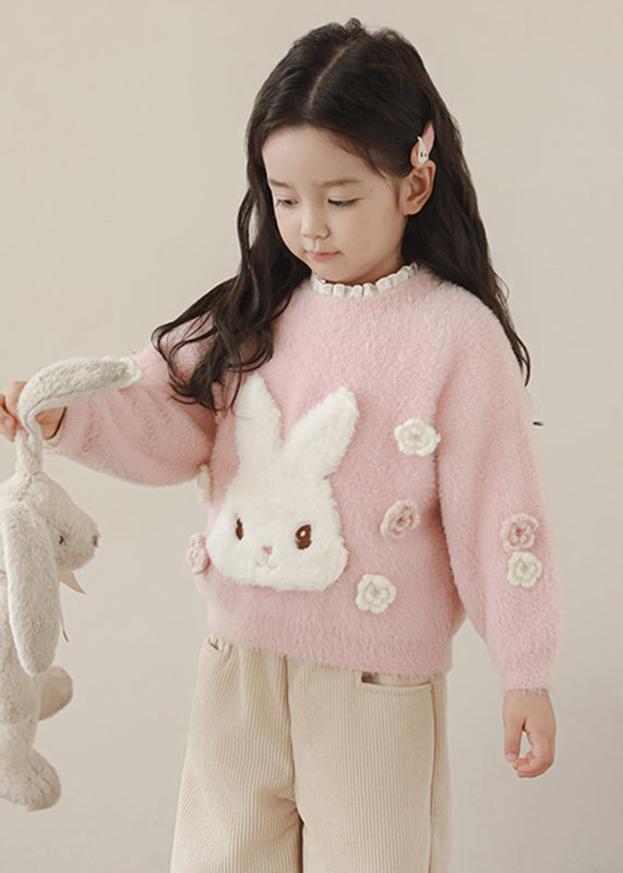 Beautiful Pink Embroideried Warm Fleece Patch Cotton Knit Kids Sweate Spring TP047