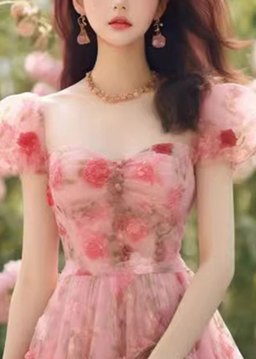 Hohe Lange Sommer Rosa Chiffon Kleid Druck Taille Schöne