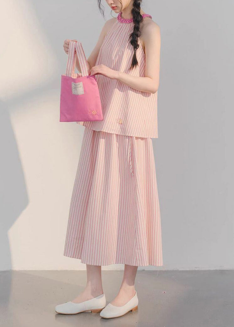 Magnifique ensemble deux pièces en coton à rayures roses et pantalon court sans manches XX040