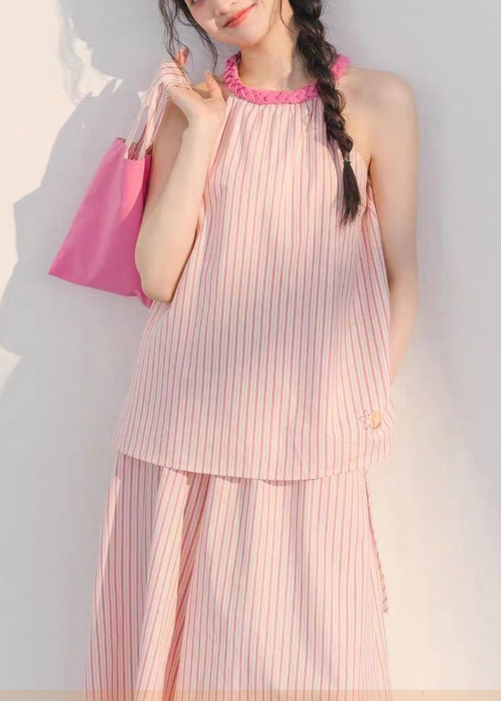 Magnifique ensemble deux pièces en coton à rayures roses et pantalon court sans manches XX040
