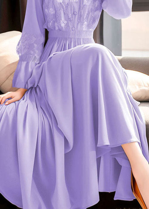 Belles robes longues à taille élastique en dentelle brodée violette pour l'automne QR031