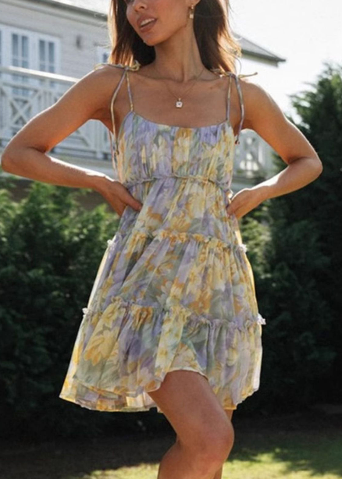 Robe d'été violette en mousseline de soie imprimée