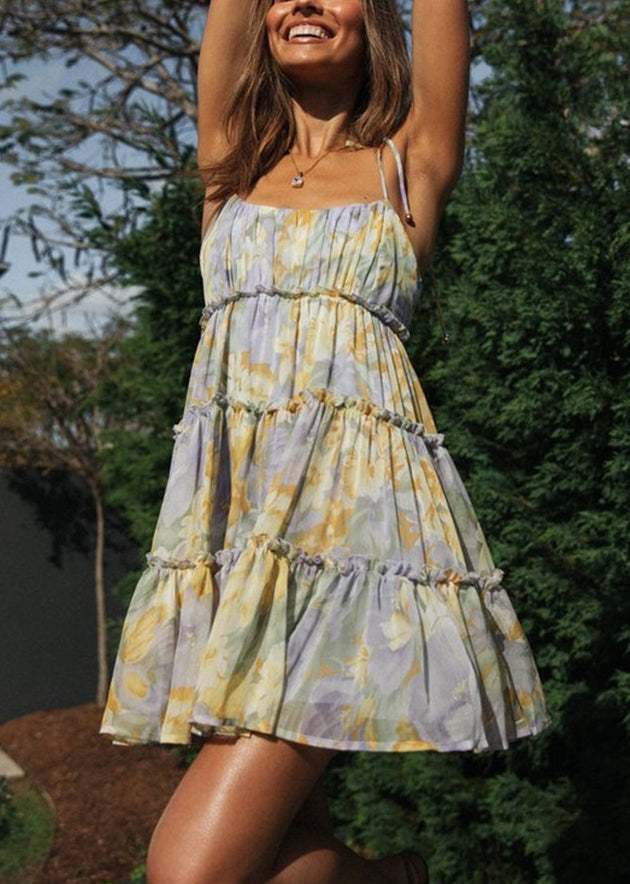Robe d'été violette en mousseline de soie imprimée