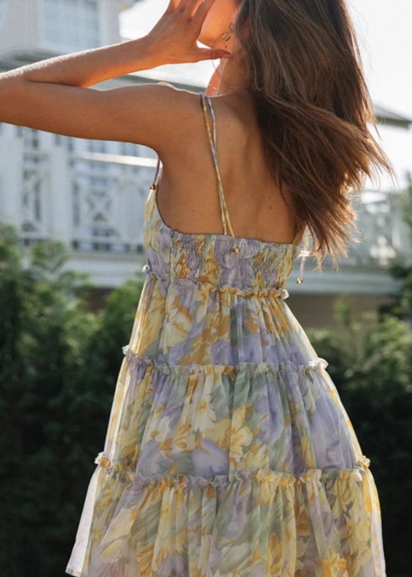 Robe d'été violette en mousseline de soie imprimée