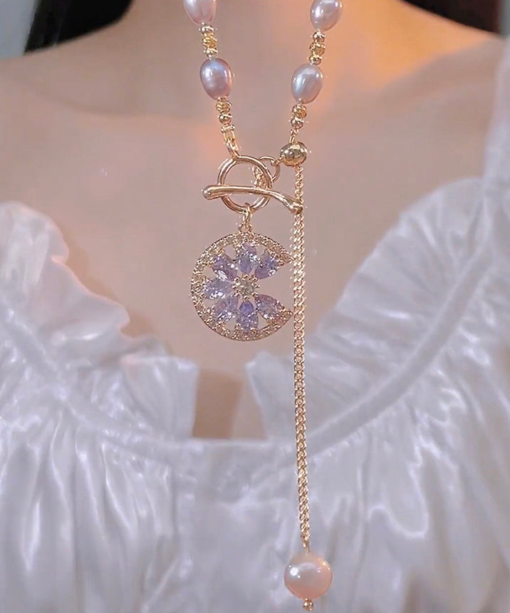 Magnifique collier lariat en argent sterling violet surdoré avec perles de zircone et pampilles. Collier en soie fine, argent sterling et argent cassé, gypsophile ET006