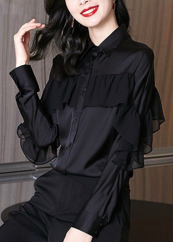 Schöne rote Peter Pan Kragen Rüschen Patchwork Seide Shirts Frühling RL027