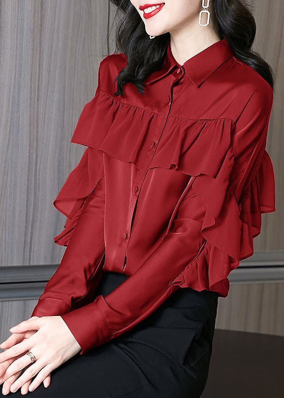 Schöne rote Peter Pan Kragen Rüschen Patchwork Seide Shirts Frühling RL027