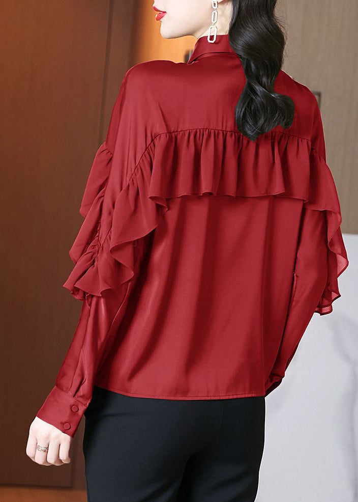Schöne rote Peter Pan Kragen Rüschen Patchwork Seide Shirts Frühling RL027