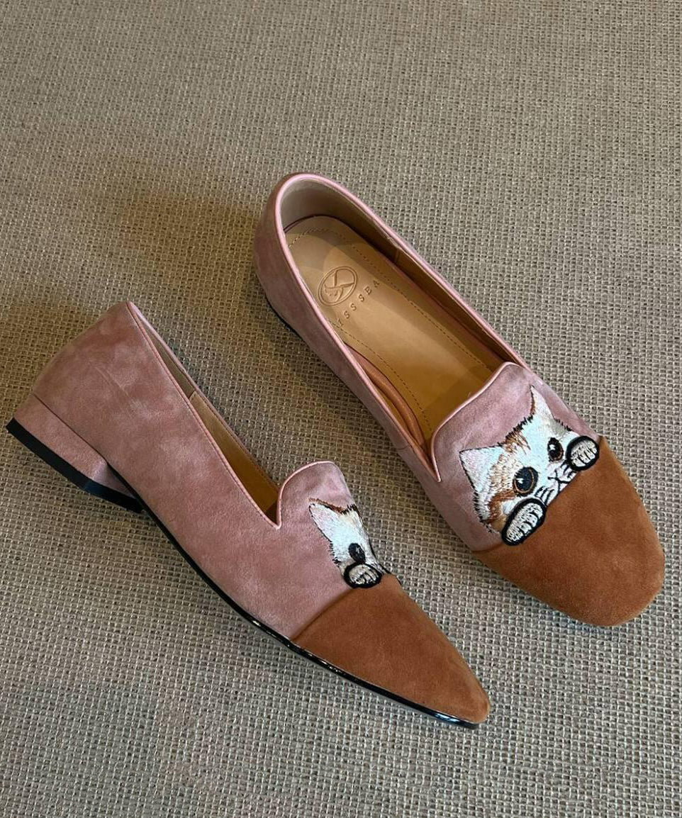 Magnifiques mocassins Penny brodés en daim marron YC015