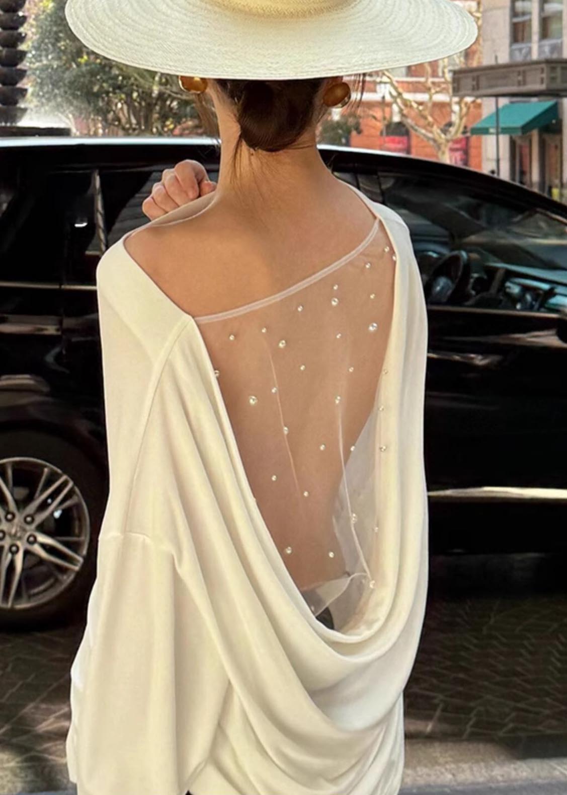 Chemisier patchwork en tulle, joli haut d'été dos nu blanc