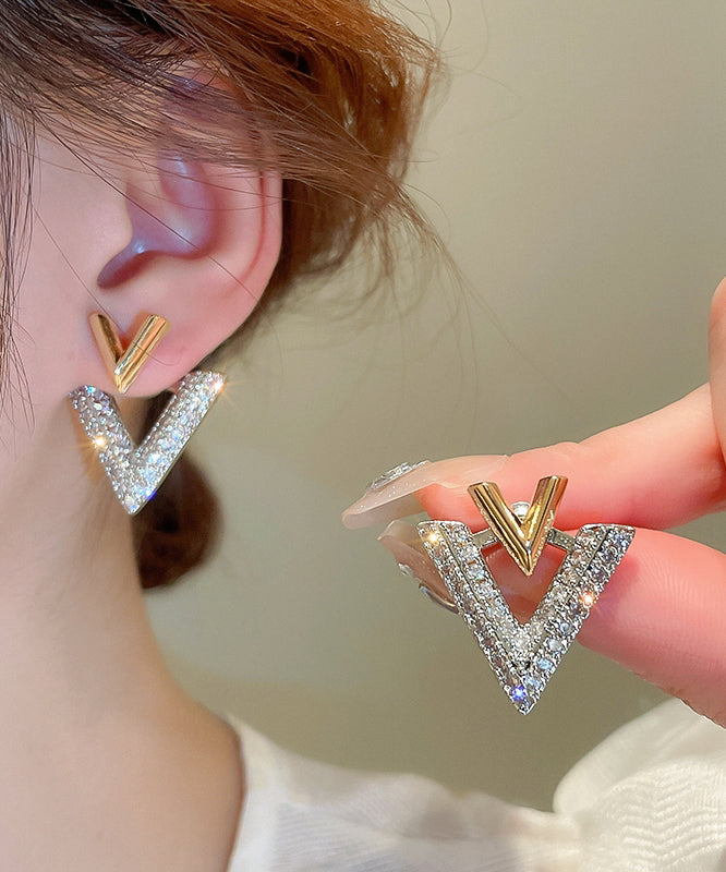 Beautiful White Copper Zircon Graphic V Shape Stud Earrings YX021