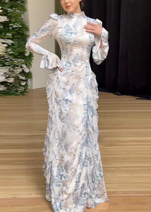 Robe longue blanche en mousseline de soie à volants et imprimés magnifiques, printemps
